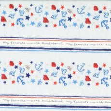 Le Nautisme Marine Stripe Blue Double Gauze
Come sailing with me with this very sweet boys fabric featuring shells and anchor stripes with cursive writing in between.
Please Click the image for more information.