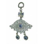 Evil Eye silver hanging
This evil eye wall hanging is  in the shape of an eye made from silver finish metalA small enamel blue bow is at the top of the hanging with three glass evil eyes in the centre and hanging below the shape of the eye.
Please Click the image for more information.